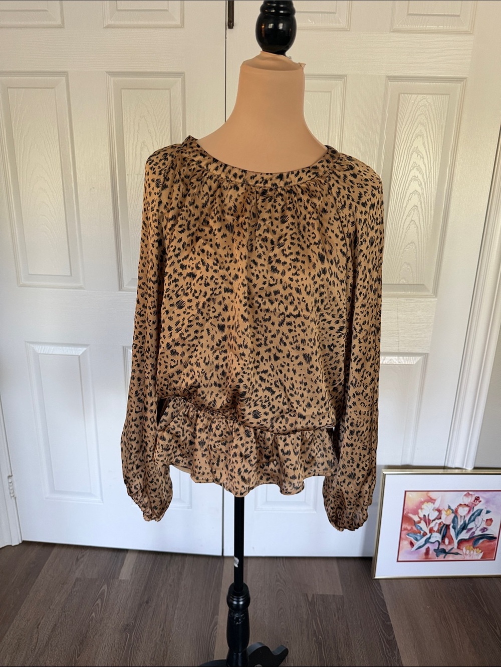 Womens Tan Leopard Print Blouse with Ruffle Hem
